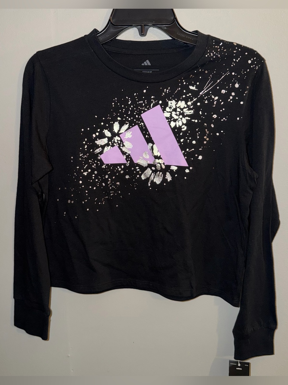adidas Black Long-Sleeve Tee with Purple Logo and Silver Splatter